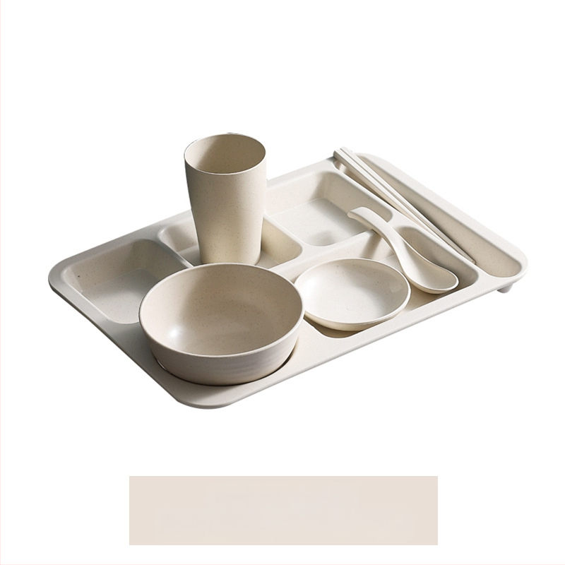 Búzaszalma osztott vacsoratányér 5 db tál pálcikával kanál étkészlet kereskedelmi diákmenza szállodai műanyag gyorséttermi tányér