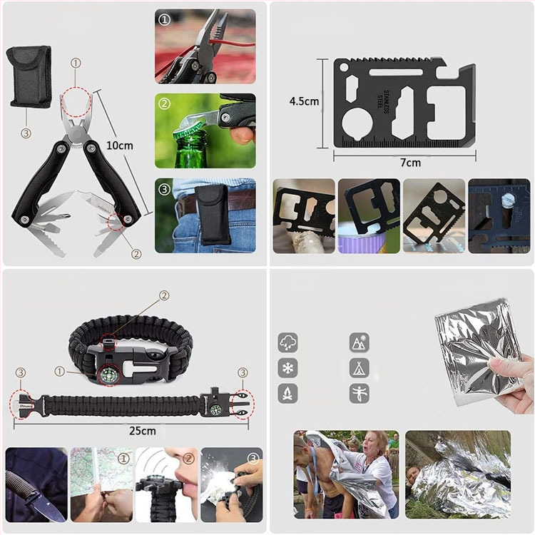 Kültéri túlélési utazási kempingfelszerelés túlélési szerszámkészlet multifunkcionális elsősegélycsomag SOS sürgősségi ellátás