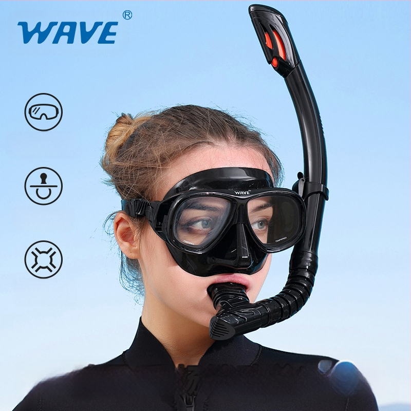 Profesionāla viļņu snorkelēšanas divdaļīga silikona pilnībā sausa elpošanas caurule ar lielu rāmi un grādu niršanas brillēm