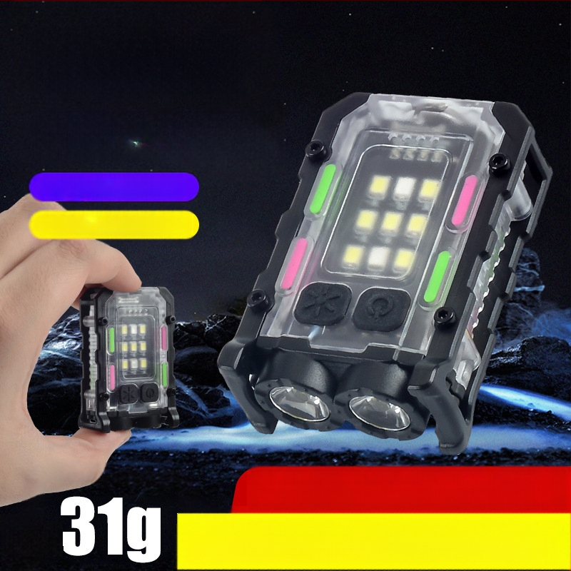 Határokon átnyúló kulcstartó lámpa kültéri kettős fényforrású erős fényű mini zseblámpa kalapcsipesz lámpa önvédelmi munkához piros és kék figyelmeztető lámpa