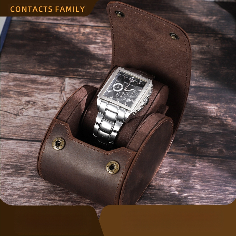 KONTAKTAI Nešiojama, smūgiams atspari laikrodžių dėžutė iš „Retro Crazy Horse“ karvės odos, mechaninė laikrodžių laikymo dėžutė, skirta laikyti vietoje