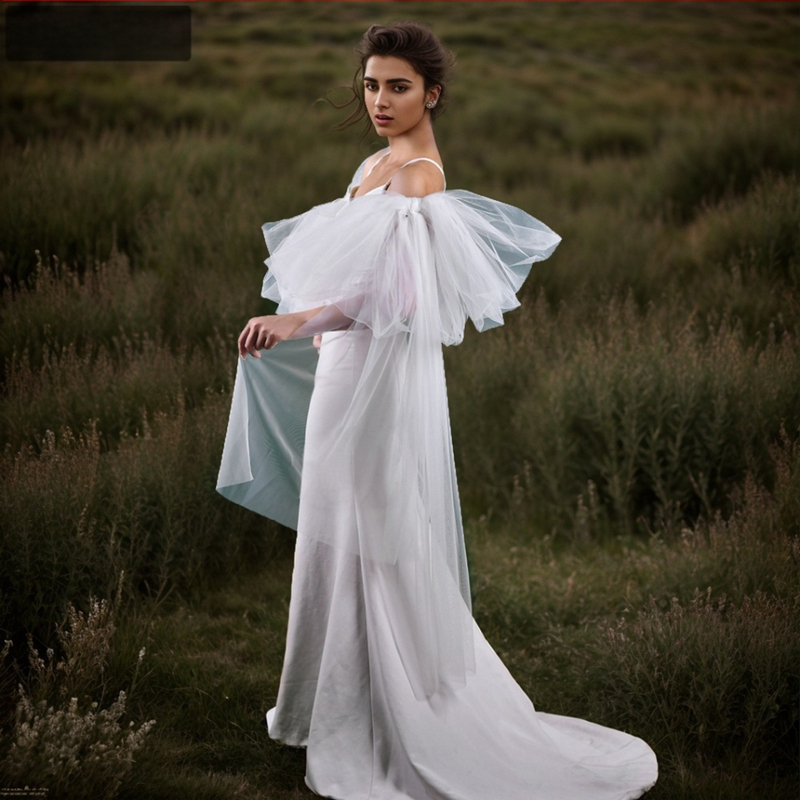 Manzhen pikk valge peamine pulmakleit, pruudi varrukaümbris, stuudiokujuline, pikk võrgust varrukaümbris, aksessuaarid MM12