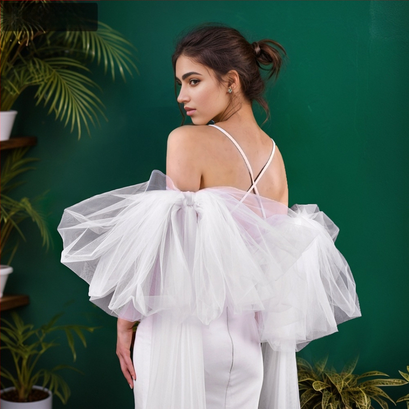 Manzhen pikk valge peamine pulmakleit, pruudi varrukaümbris, stuudiokujuline, pikk võrgust varrukaümbris, aksessuaarid MM12