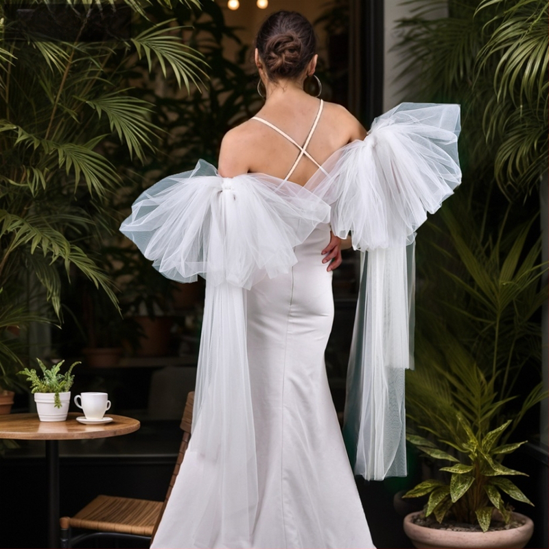 Manzhen pikk valge peamine pulmakleit, pruudi varrukaümbris, stuudiokujuline, pikk võrgust varrukaümbris, aksessuaarid MM12