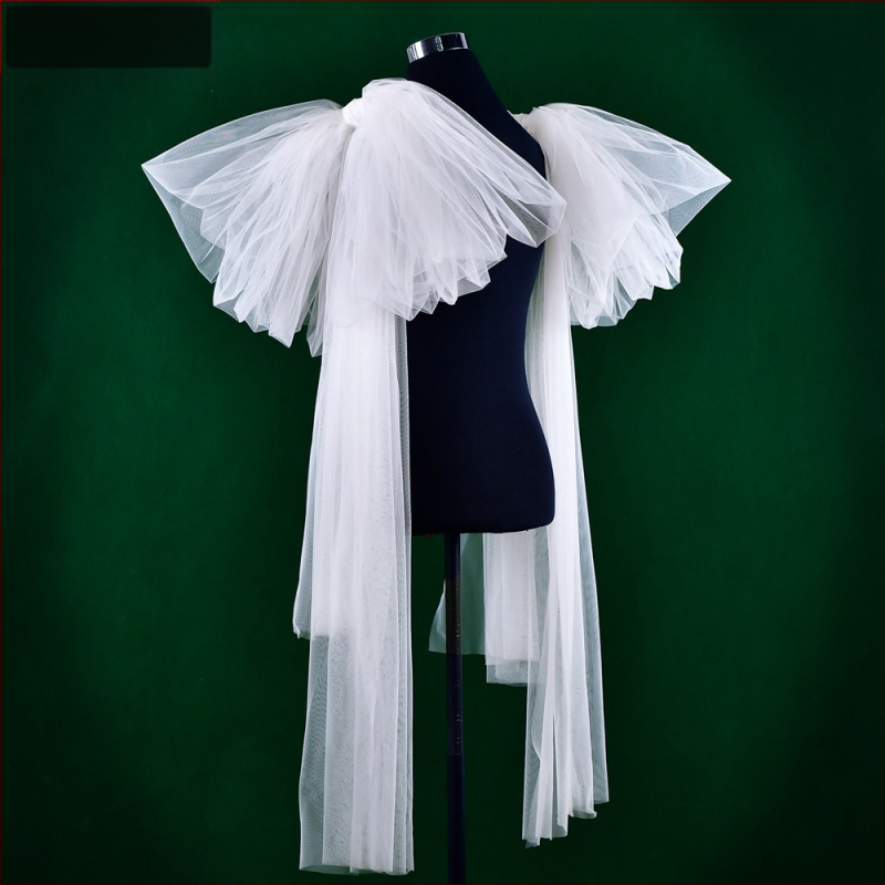 Manzhen pikk valge peamine pulmakleit, pruudi varrukaümbris, stuudiokujuline, pikk võrgust varrukaümbris, aksessuaarid MM12