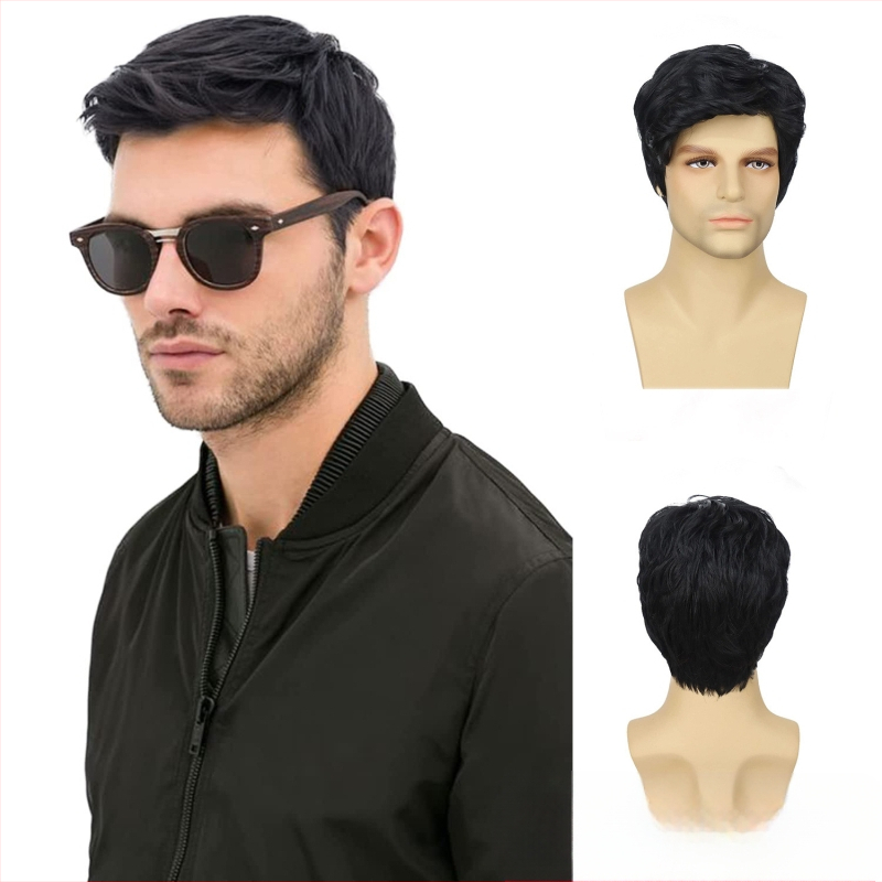 Euroopa ja Ameerika piiriülene meeste parukas kaldus tukkidega, lühike keemilisest kiust kõrge temperatuuriga siidist peakate, meeste parukas