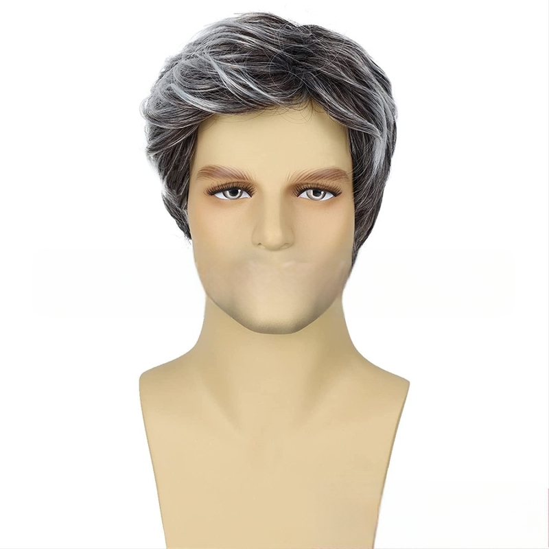 Euroopa ja Ameerika piiriülene meeste parukas kaldus tukkidega, lühike keemilisest kiust kõrge temperatuuriga siidist peakate, meeste parukas