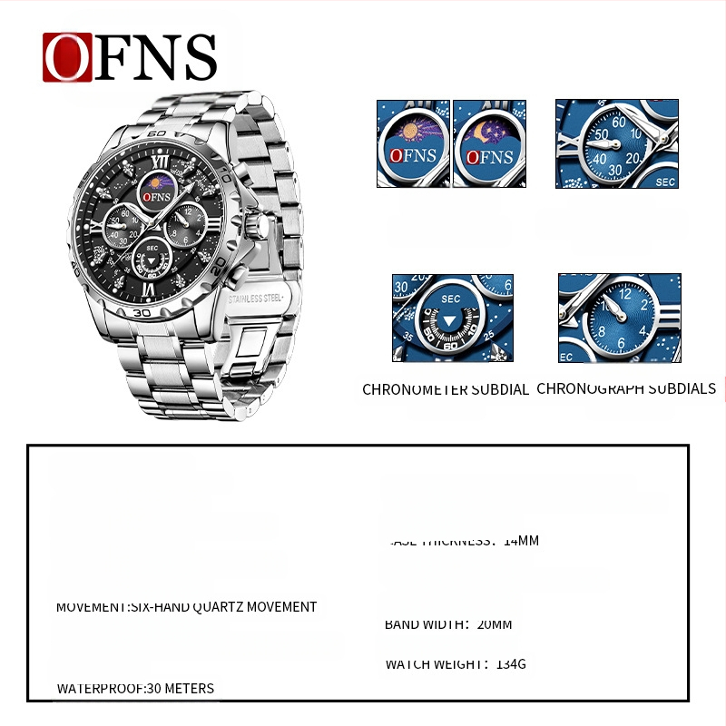Ofns vadonatúj férfi karóra hattűs többfunkciós vízálló kvarcóra divatos nagyméretű számlapos acélöves férfi karóra