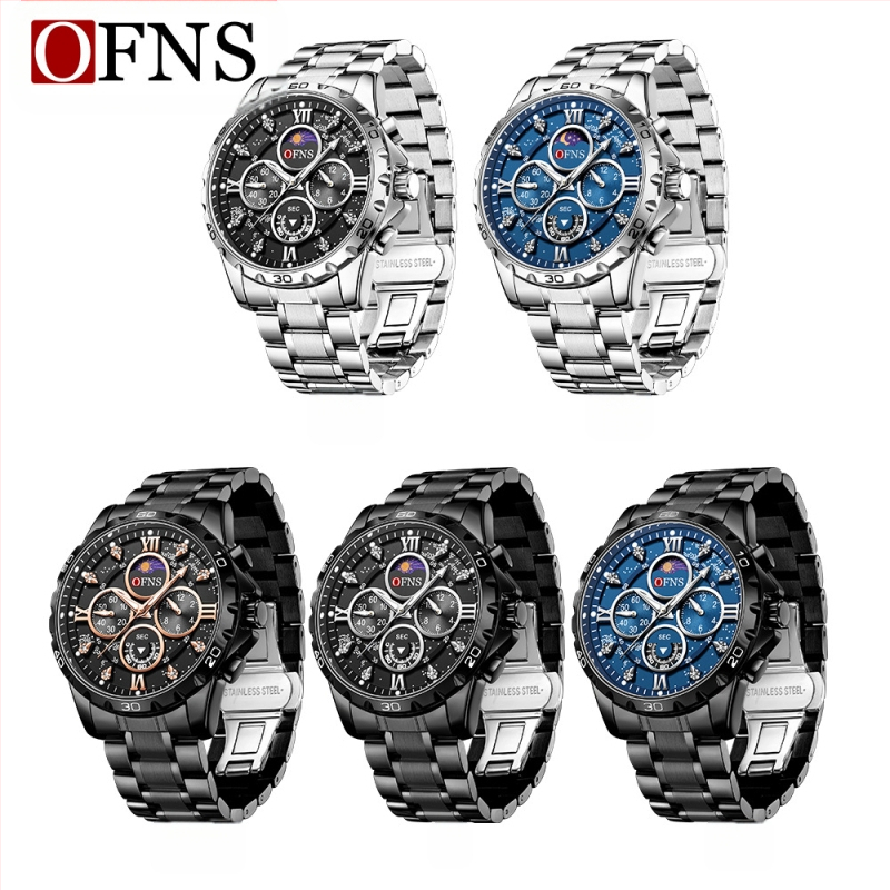 Ofns vadonatúj férfi karóra hattűs többfunkciós vízálló kvarcóra divatos nagyméretű számlapos acélöves férfi karóra