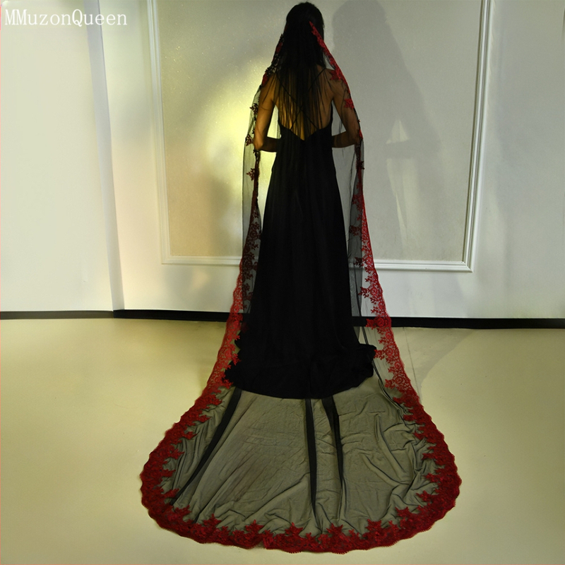 Manzhen Fashion Μεγάλο Πέπλο Νυφικό Κόκκινο Δαντέλα Μονόστρωτο με Χτενάκι Μαλακό Mnet M126