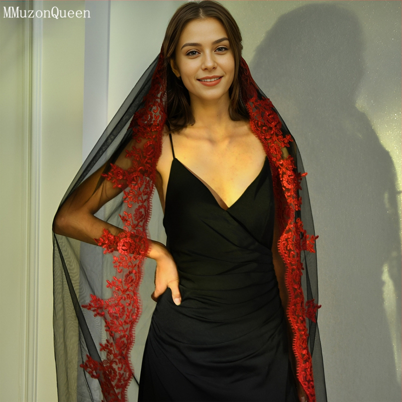 Manzhen Fashion Μεγάλο Πέπλο Νυφικό Κόκκινο Δαντέλα Μονόστρωτο με Χτενάκι Μαλακό Mnet M126