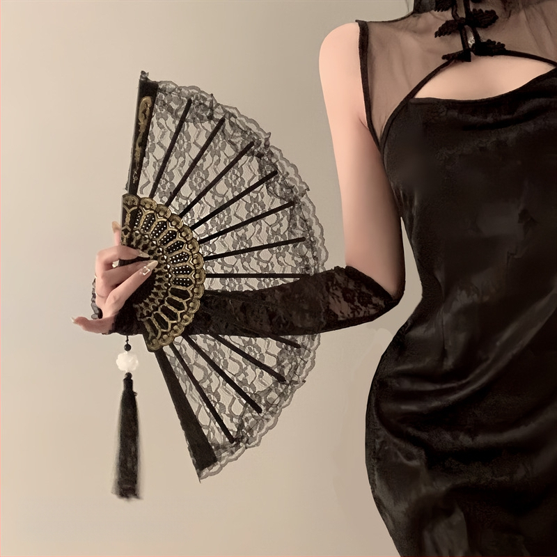 Új kínai retró fekete csipkés összecsukható legyező Jk Lolita Hanfu Cheongsam legyező bojtos antik fotókellékek női