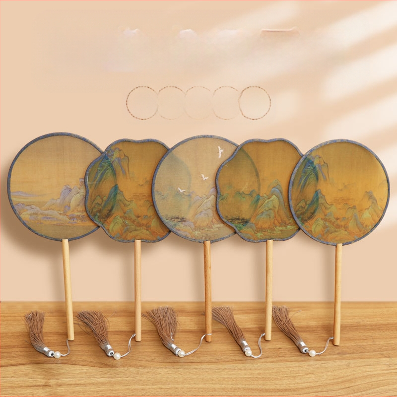 Детски зелен кръгъл вентилатор, хиляди мили, фигурка Jiangshan, малък кръгъл вентилатор за възрастни, античен танцов вентилатор Hanfu, вентилатор Cheongsam на едро