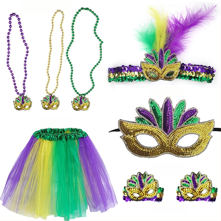 Бразилски карнавал, златисто лилаво зелено, полумаска за лице, лента за глава, аксесоари за коса, лента за коса с перо, трицветни мъниста, марля, пола, обеци, костюм