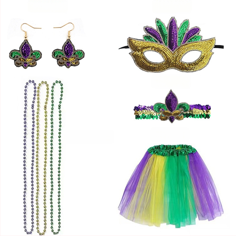 Бразилски карнавал, златисто лилаво зелено, полумаска за лице, лента за глава, аксесоари за коса, лента за коса с перо, трицветни мъниста, марля, пола, обеци, костюм