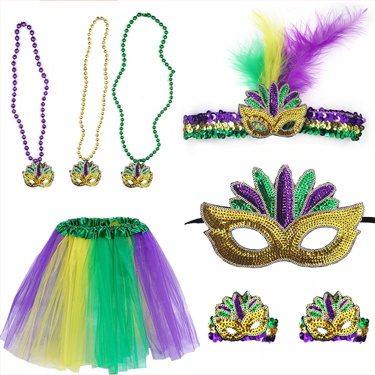 Бразилски карнавал, златисто лилаво зелено, полумаска за лице, лента за глава, аксесоари за коса, лента за коса с перо, трицветни мъниста, марля, пола, обеци, костюм
