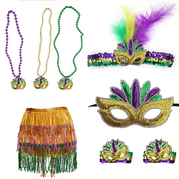 Бразилски карнавал, златисто лилаво зелено, полумаска за лице, лента за глава, аксесоари за коса, лента за коса с перо, трицветни мъниста, марля, пола, обеци, костюм