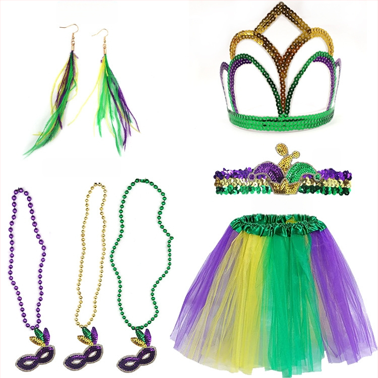 Бразилски карнавал, златисто лилаво зелено, полумаска за лице, лента за глава, аксесоари за коса, лента за коса с перо, трицветни мъниста, марля, пола, обеци, костюм