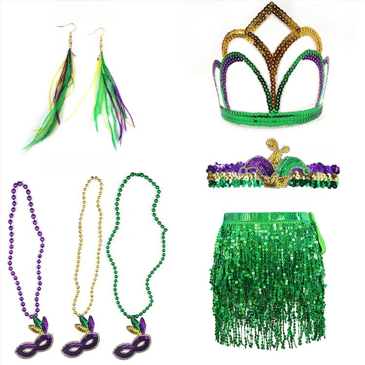 Бразилски карнавал, златисто лилаво зелено, полумаска за лице, лента за глава, аксесоари за коса, лента за коса с перо, трицветни мъниста, марля, пола, обеци, костюм