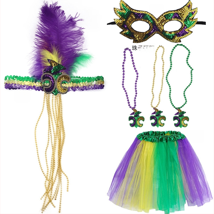 Бразилски карнавал, златисто лилаво зелено, полумаска за лице, лента за глава, аксесоари за коса, лента за коса с перо, трицветни мъниста, марля, пола, обеци, костюм