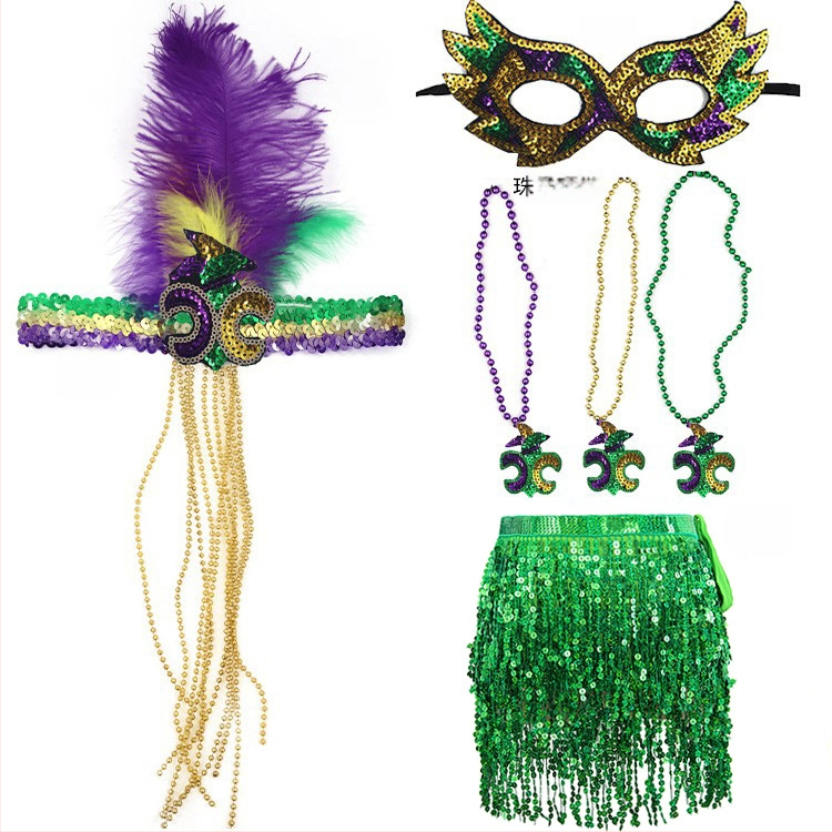 Бразилски карнавал, златисто лилаво зелено, полумаска за лице, лента за глава, аксесоари за коса, лента за коса с перо, трицветни мъниста, марля, пола, обеци, костюм