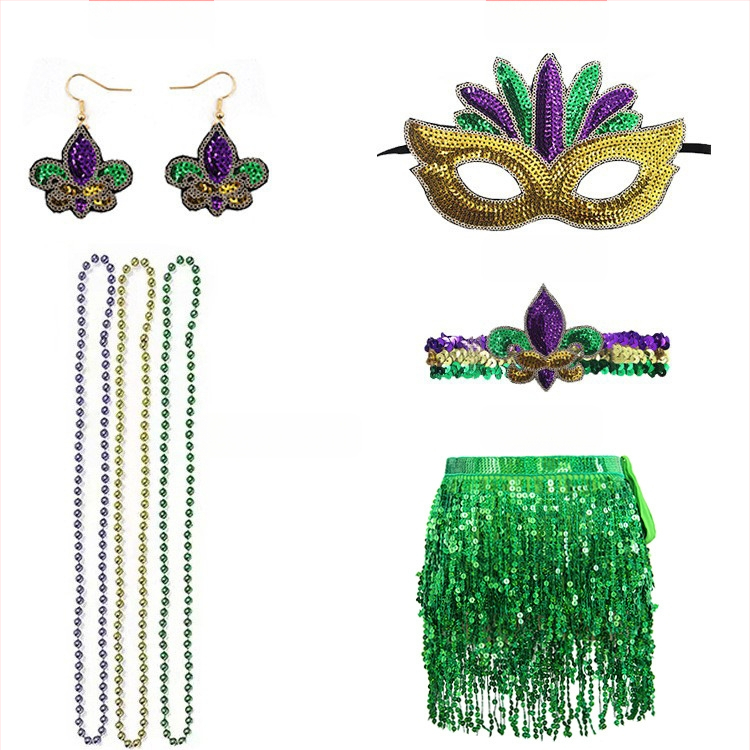 Бразилски карнавал, златисто лилаво зелено, полумаска за лице, лента за глава, аксесоари за коса, лента за коса с перо, трицветни мъниста, марля, пола, обеци, костюм