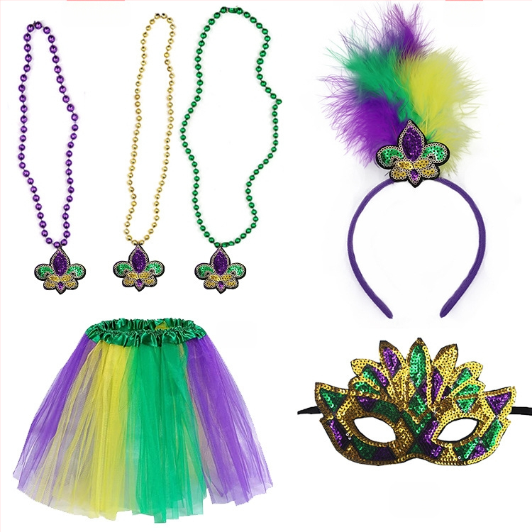 Бразилски карнавал, златисто лилаво зелено, полумаска за лице, лента за глава, аксесоари за коса, лента за коса с перо, трицветни мъниста, марля, пола, обеци, костюм