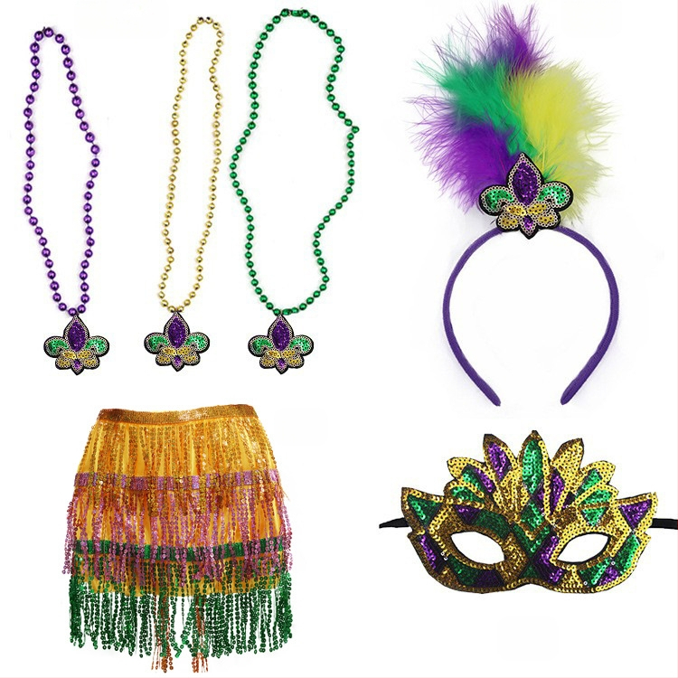 Бразилски карнавал, златисто лилаво зелено, полумаска за лице, лента за глава, аксесоари за коса, лента за коса с перо, трицветни мъниста, марля, пола, обеци, костюм