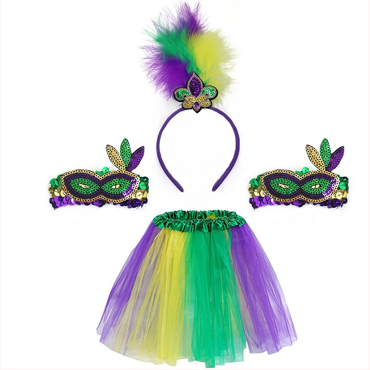 Бразилски карнавал, златисто лилаво зелено, полумаска за лице, лента за глава, аксесоари за коса, лента за коса с перо, трицветни мъниста, марля, пола, обеци, костюм