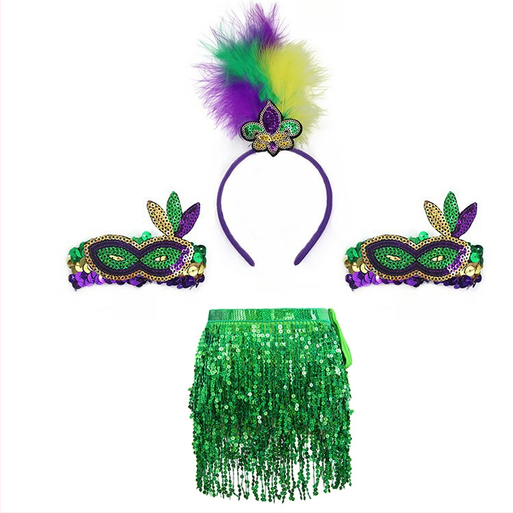 Бразилски карнавал, златисто лилаво зелено, полумаска за лице, лента за глава, аксесоари за коса, лента за коса с перо, трицветни мъниста, марля, пола, обеци, костюм