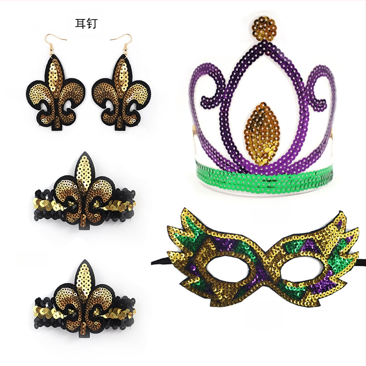 Бразилски карнавал, златисто лилаво зелено, полумаска за лице, лента за глава, аксесоари за коса, лента за коса с перо, трицветни мъниста, марля, пола, обеци, костюм