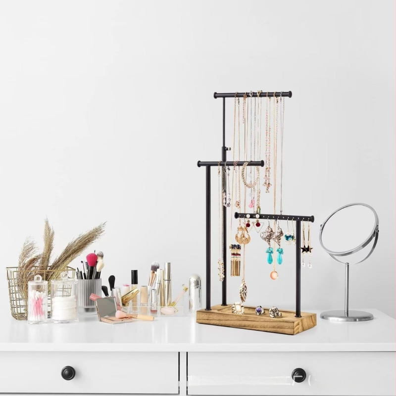 Šaltinių gamintojų medinė papuošalų lentynėlė, stalinis trijų sluoksnių karolių demonstravimo apyrankė, apyrankė, geležinė laikymo lentynėlė