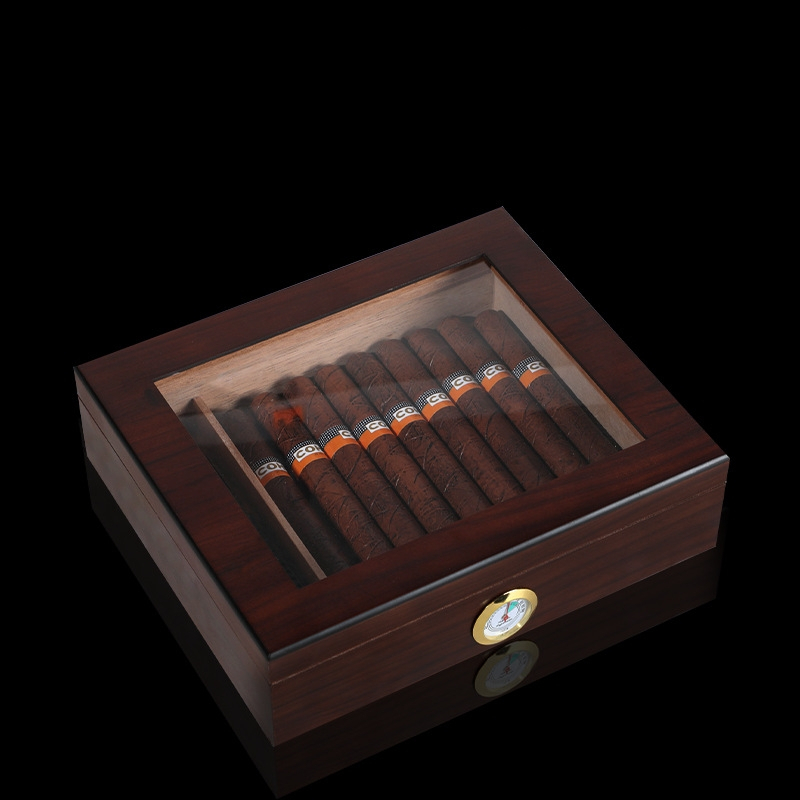 Medžio masyvo cigarų dėžutė su permatomu dangteliu, cigarų laikymo dėžutė su pertvara, atverčiama cigarų dėžutė, medinė cigarų pakuotė, dovanų dėžutė