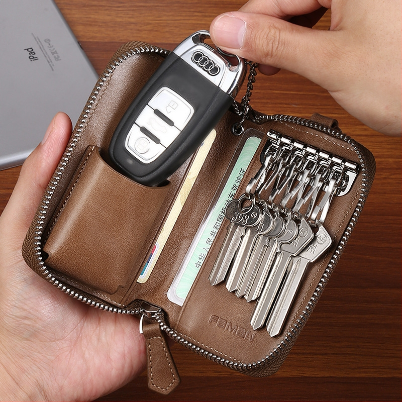 Retro raktų krepšys vyrams, tikros odos, didelės talpos, užtrauktuku užsegamas raktų krepšys, kūrybingas daugiafunkcis automobilio raktų krepšys iš karvės odos