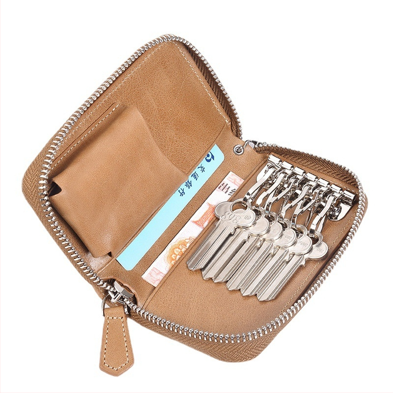 Retro raktų krepšys vyrams, tikros odos, didelės talpos, užtrauktuku užsegamas raktų krepšys, kūrybingas daugiafunkcis automobilio raktų krepšys iš karvės odos