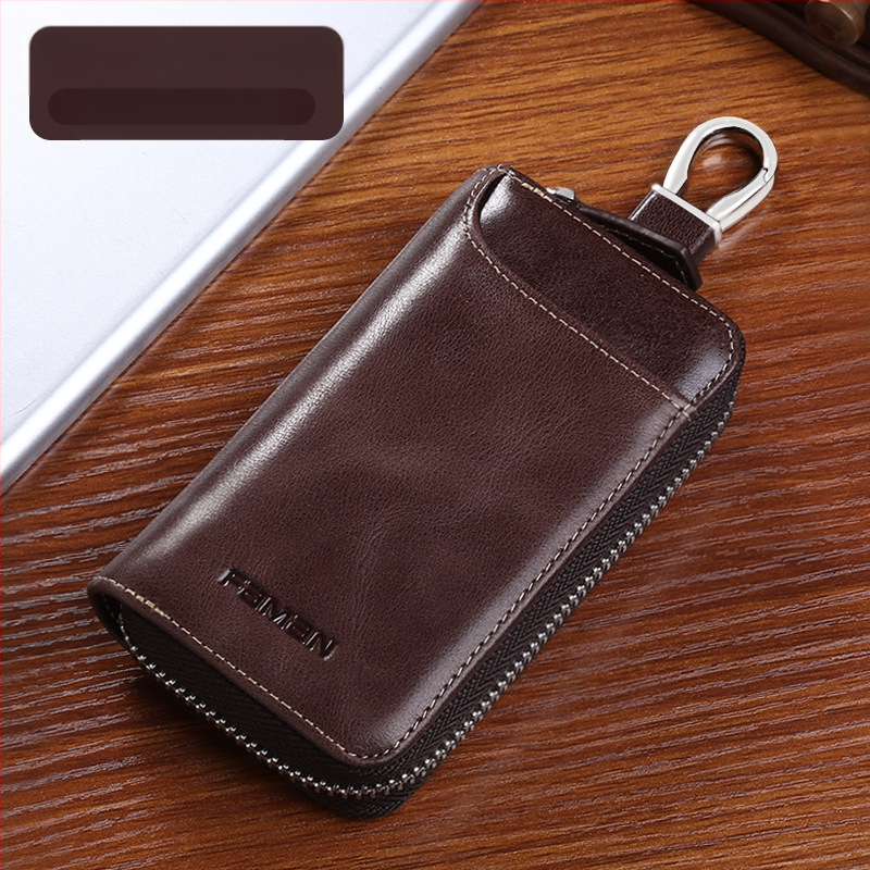 Retro raktų krepšys vyrams, tikros odos, didelės talpos, užtrauktuku užsegamas raktų krepšys, kūrybingas daugiafunkcis automobilio raktų krepšys iš karvės odos