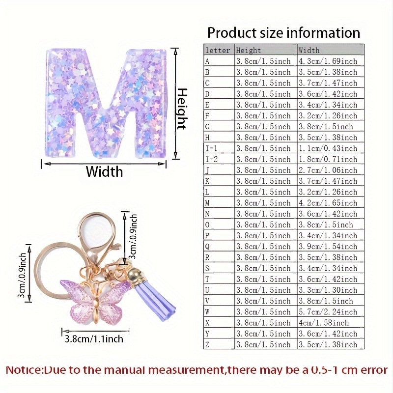 Dervos raidės nuo A iki Z blizgučiais puoštas inicialų raktų pakabukas, mielas violetinis drugelis, dervos raktų pakabukas, žiedinis maišelis