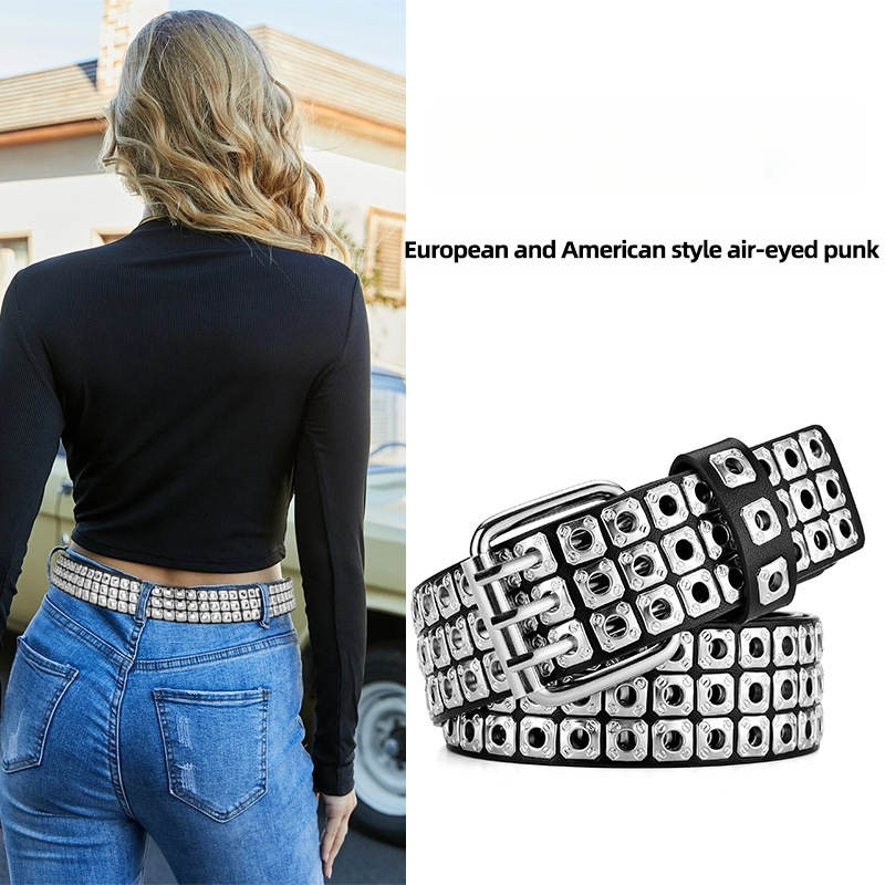Europietiškas ir amerikietiškas pankroko stiliaus „Nis Rivet Eyelet“ moteriškas studentų diržas, madingas, stilingas, madingas, dekoratyvinis džinsinis diržas