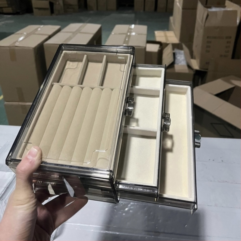 Skaidri pilka akrilo papuošalų dėžutė, daugiasluoksnė auskarų vėrinio, žiedų laikymo ir apdailos stalčiukas, karoliai, apyrankės, papuošalų dėžutė