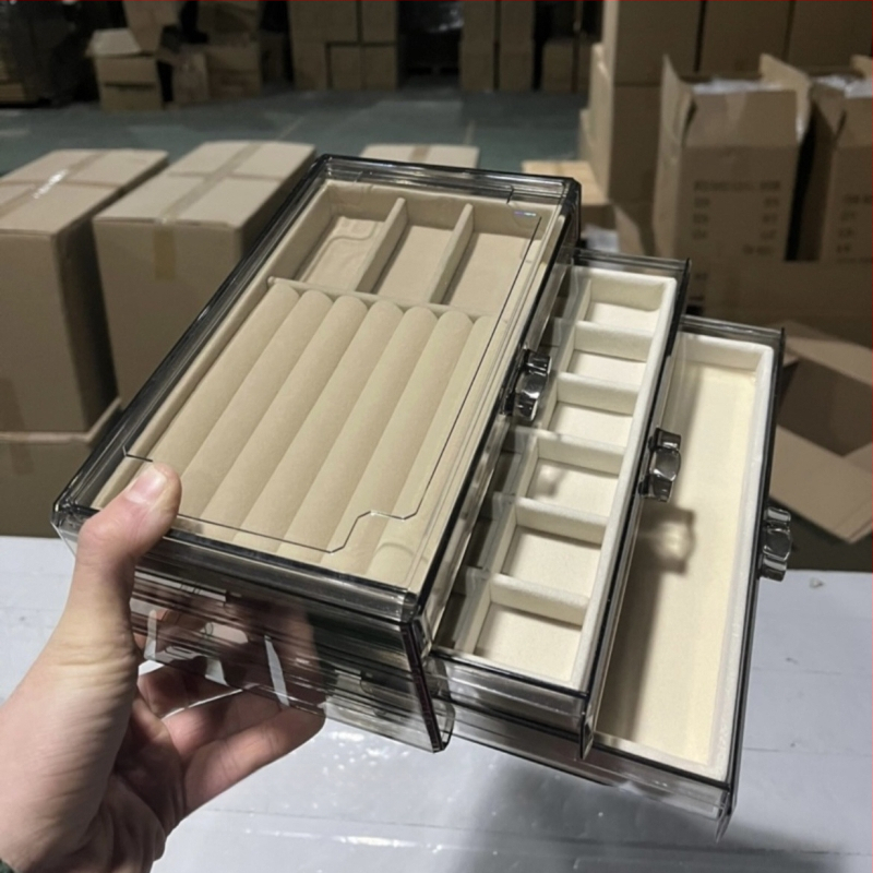 Skaidri pilka akrilo papuošalų dėžutė, daugiasluoksnė auskarų vėrinio, žiedų laikymo ir apdailos stalčiukas, karoliai, apyrankės, papuošalų dėžutė