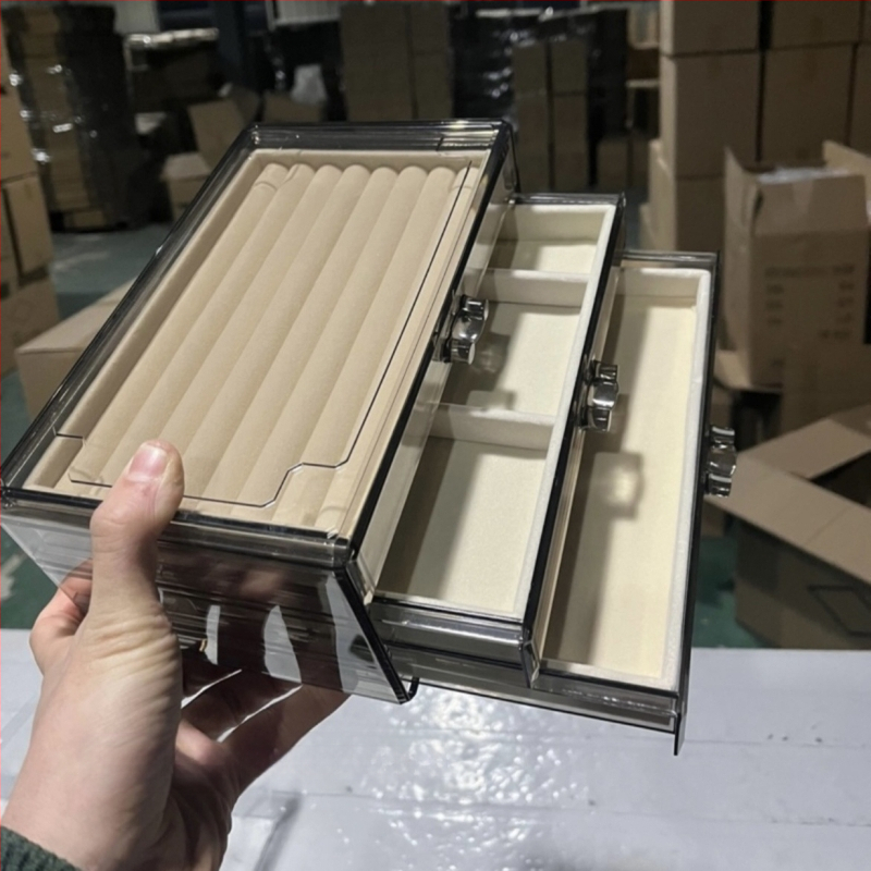 Skaidri pilka akrilo papuošalų dėžutė, daugiasluoksnė auskarų vėrinio, žiedų laikymo ir apdailos stalčiukas, karoliai, apyrankės, papuošalų dėžutė