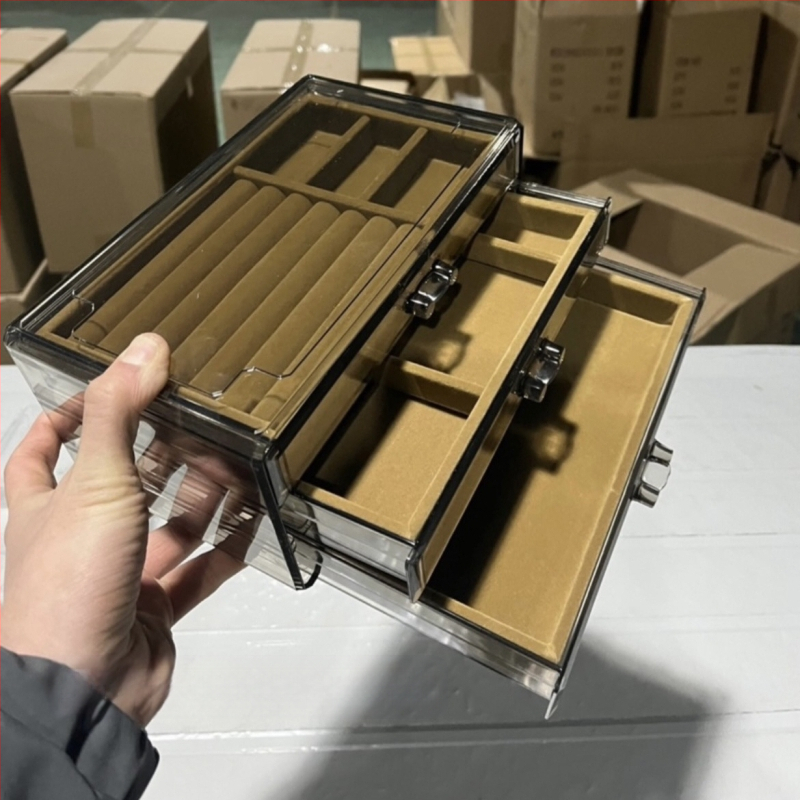 Skaidri pilka akrilo papuošalų dėžutė, daugiasluoksnė auskarų vėrinio, žiedų laikymo ir apdailos stalčiukas, karoliai, apyrankės, papuošalų dėžutė