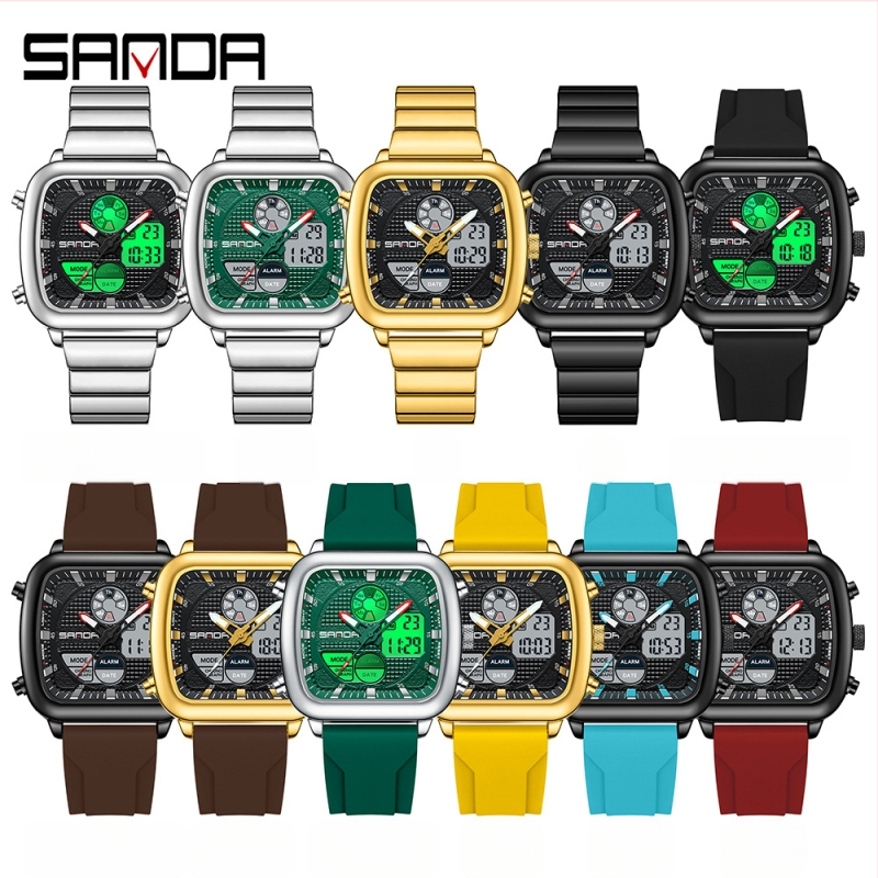 SANDA kahe ekraaniga elektrooniline käekell, moodne äriline multifunktsionaalne meeste käekell, terasest ribaga ruudukujuline veekindel elektrooniline käekell meestele