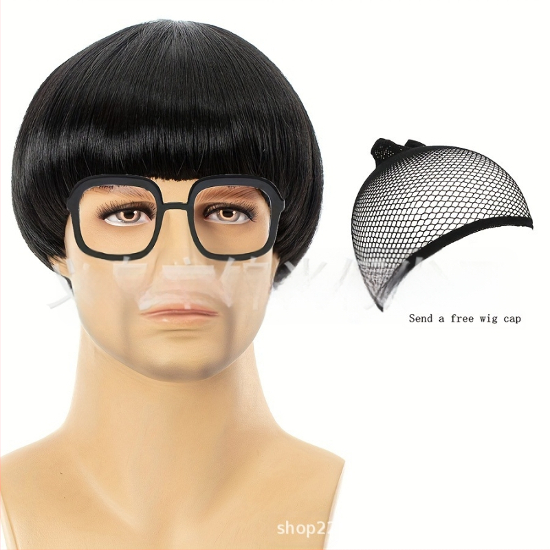 Мъжка черна COS перука с глава на диня, перука с глава с гъба, перука с капачка на главата, перука с глупакова глава