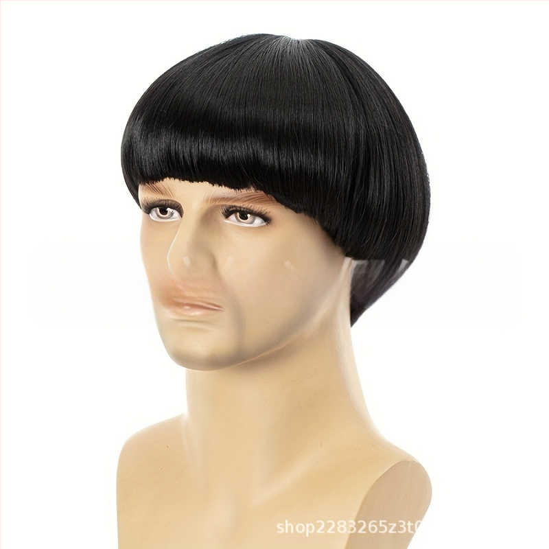 Мъжка черна COS перука с глава на диня, перука с глава с гъба, перука с капачка на главата, перука с глупакова глава