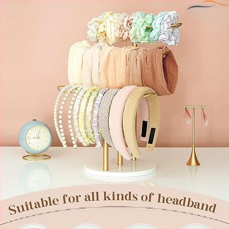 Metalinis galvos juostos stovas Trijų sluoksnių galvos juostos laikymo lentynėlė Auksinė galvos juostos laikymo lentynėlė Galvos juostos demonstravimo lentynėlė su mediniu pagrindu