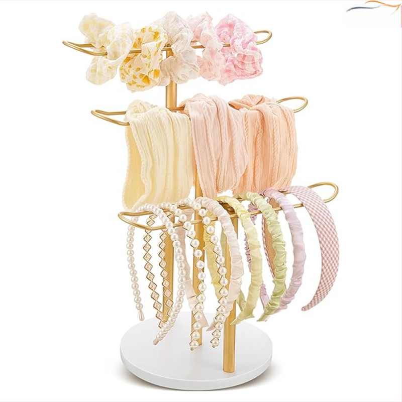 Metalinis galvos juostos stovas Trijų sluoksnių galvos juostos laikymo lentynėlė Auksinė galvos juostos laikymo lentynėlė Galvos juostos demonstravimo lentynėlė su mediniu pagrindu