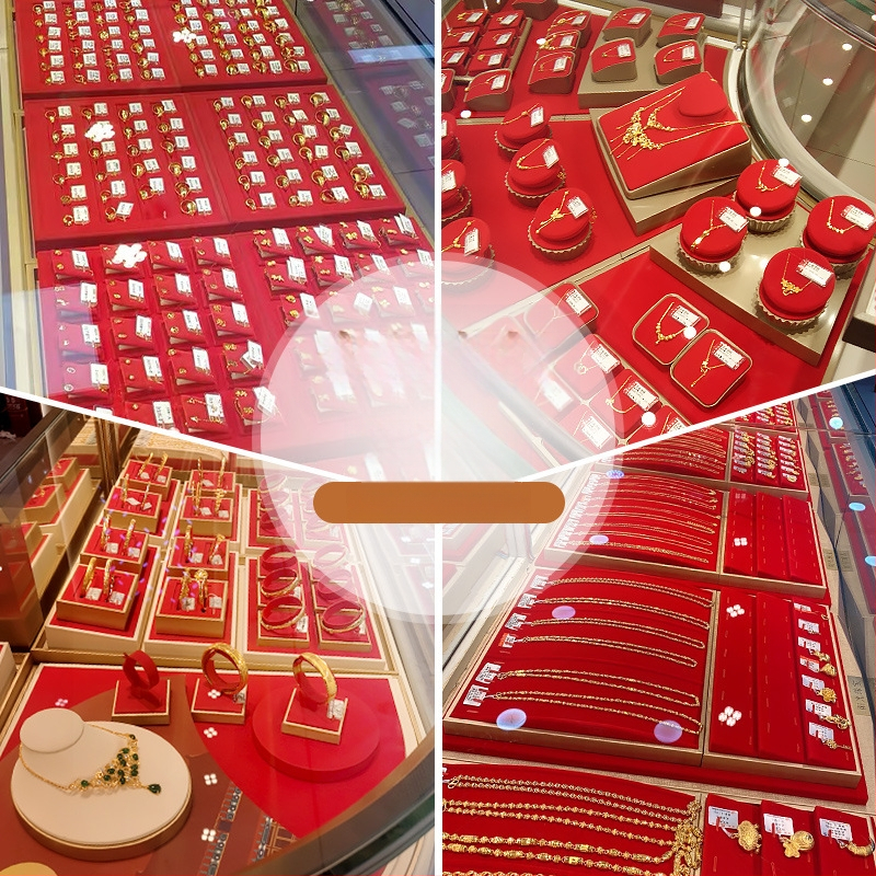 Set rekvizita za izlaganje nakita, crveni flanel, zlatni pladanj za nakit, držač za prstenje, ogrlicu, pult, stalak za nakit