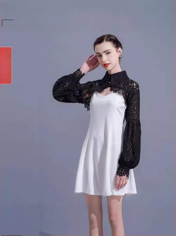 Francúzsky retro krátky top s dámskym dizajnom, zmysel pre výklenok, super rozprávkový lampáš s rukávom, odolný voči slnku, malý šál, letná čipka, tenký vonkajší