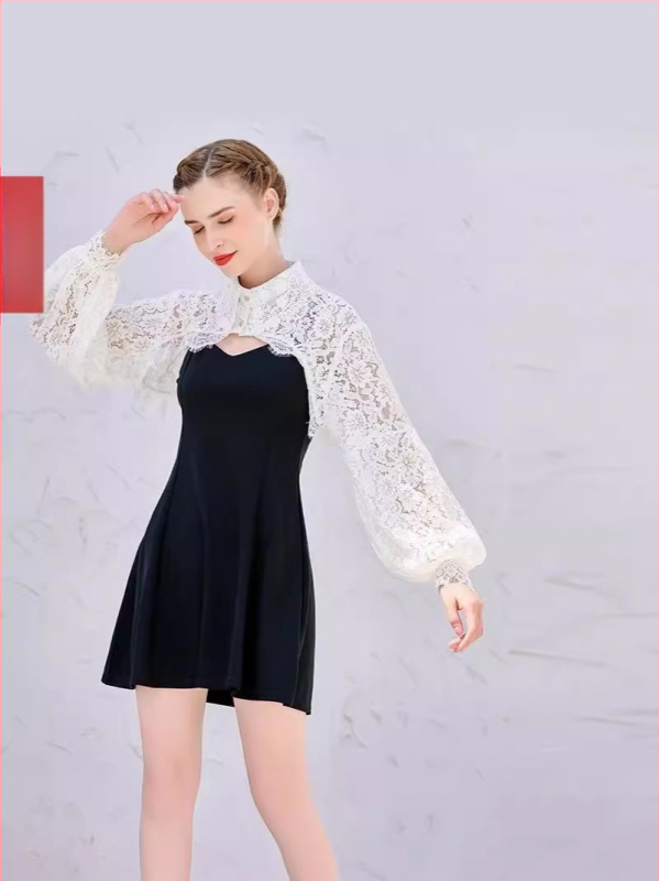 Francúzsky retro krátky top s dámskym dizajnom, zmysel pre výklenok, super rozprávkový lampáš s rukávom, odolný voči slnku, malý šál, letná čipka, tenký vonkajší